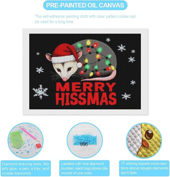AIVKIEJK Diamond Painting Kits for Adults - Christmas Possum Merry Hissmas Painting DIY 5D Full Drill Diamond Dots Paintings with Diamonds Gem Art and Crafts Home Decor 8"x12"