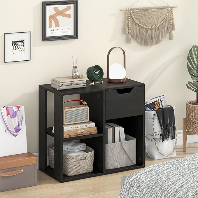 LOKO 3-Cube Bookshelf with Drawer, 2-Tier Open Shelf Bookcase, Freestanding Display Shelf, Modern Home Storage Organizer, Shelving Unit for Living Room, Bedroom, Study, Office (1, Black)