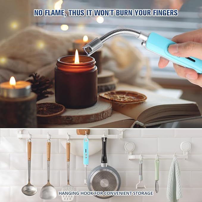 Lighters for Candle,Flameless Plasma Arc Electric Lighter USB C Rechargeable, Long Flexible Neck with Safety Switch for Birthday, Fireplace, Stocking Stuffers Gifts (Blue)