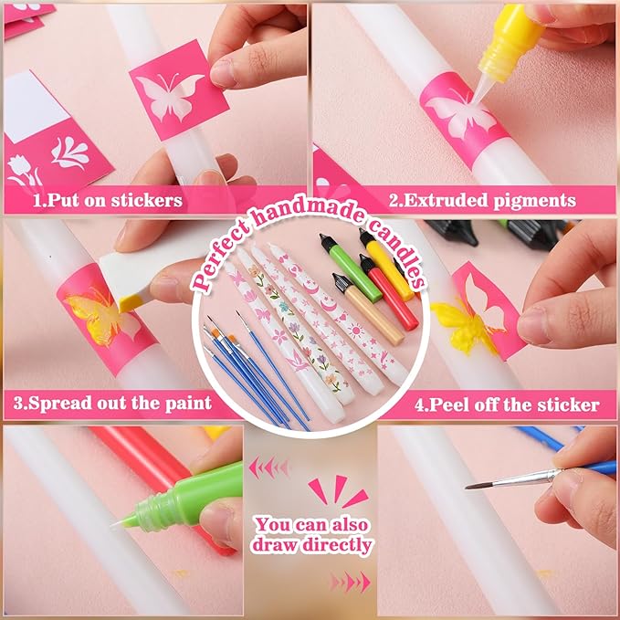 Treela 42 Pcs DIY Candle Painting Kit Include 12 White Taper Candles 12 Vibrant Colors Candle Wax Pen 6 Floral Painting Stencils 6 Paint Brushes 6 Sponge Block for Craft Birthday Wedding Holiday Party