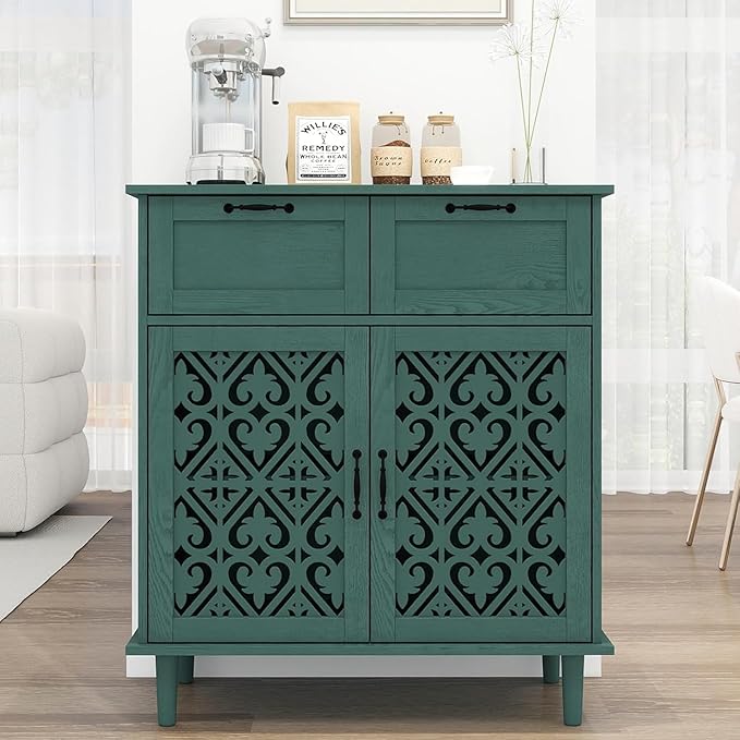 vistavie Green 2 Doors 2 Drawers Buffet Sideboard Cabinet - Accent Cabinet with Adjustable Shelves，31.5 Inch Wide Wood Storage Cabinets for Dining Room,Study Room and Kitchen