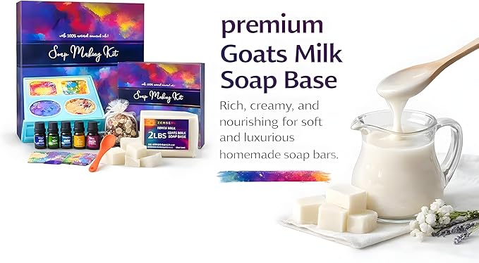 Soap Making Kit for Adults, Make Your Own Soap with Melt & Pour diy gentle soap supplies; 6 Essential Oils, Silicone Soap Mold, Spoon, Dried Flowers, 1.5lbs. Goats Milk Soap Base, 4 Colors, 9 Labels
