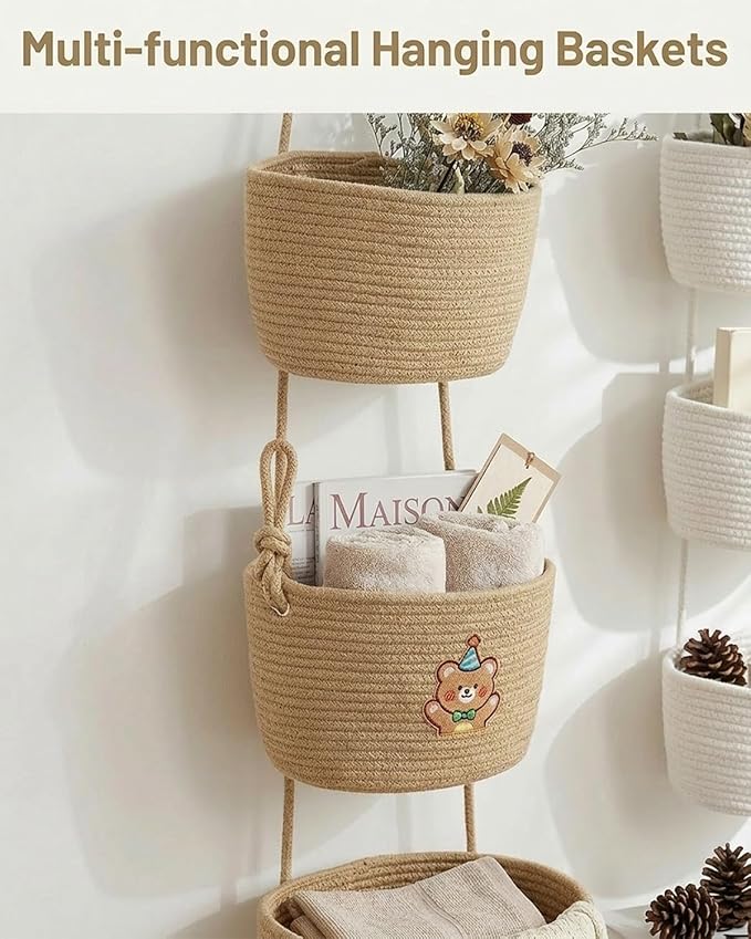 Over the Door Hanging Basket 3 Tier Woven Cotton Wall Mounted Storage Bag Boho Cottage Jute Baskets Kitchen Produce Organizer Vegetable Hang Wicker Closet Bathroom Decor Organizing Shelf(Brown)