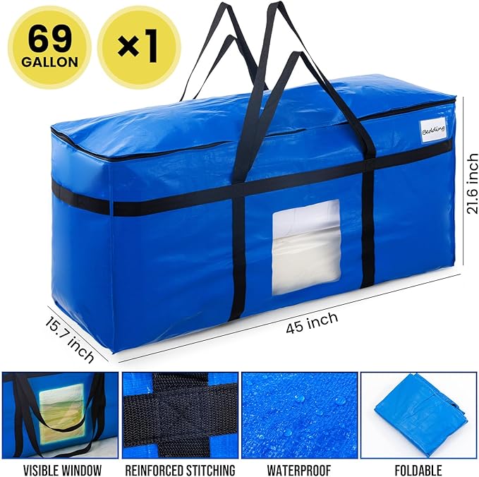 TAILI 69 Gallon Extra Large Storage Bags, XXL Blue Heavy Duty Moving Bags For Storage with Visible Window, Wrap Around Handles, Totes for Space Saving, Alternative to Moving Boxes