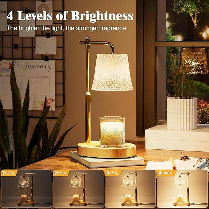 Candle Warmer Lamp with Timer Dimmable - Height Adjustable Candle Warmer for Jar Candles - Birthday Gifts for Women Mom - House Warming Gifts New Home Decor (Wood Base Clear Shade)
