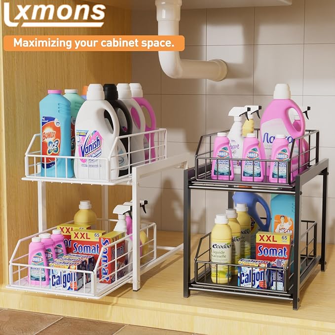 2 Tier Sliding Basket Drawer Organizer, Pull Out Under Sink Cabinets Organizers, Metal Home Shelf for Bathroom or Kitchen, Sliding Countertop or Pantry Storage Shelf, White
