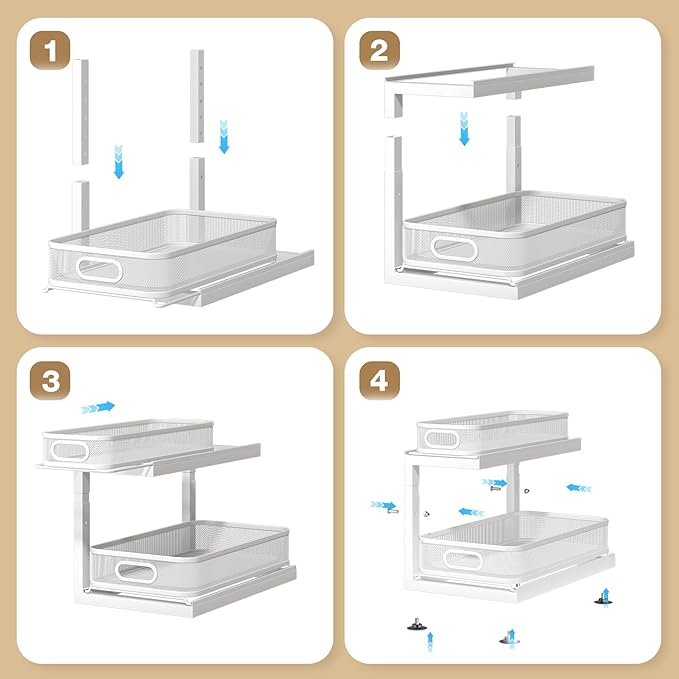 2-Pack Under Sink Storage Organizer with 2-Tier Slide Out Drawer, Sophisticated Mesh Pull Out Shelf for Kitchen & Bathroom, Fits Small Items, Upgraded Arched Track for Smooth Gliding(Patented)