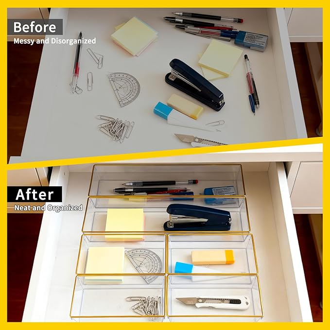 6 Pack Large Size Clear Stackable Drawer Organizer Trays, Gold Rim Makeup Drawer Storage Tray Divider, Desk Storage for Makeup, Jewelry, Bathroom, Stationary, Kitchen Utensils and Office Desk