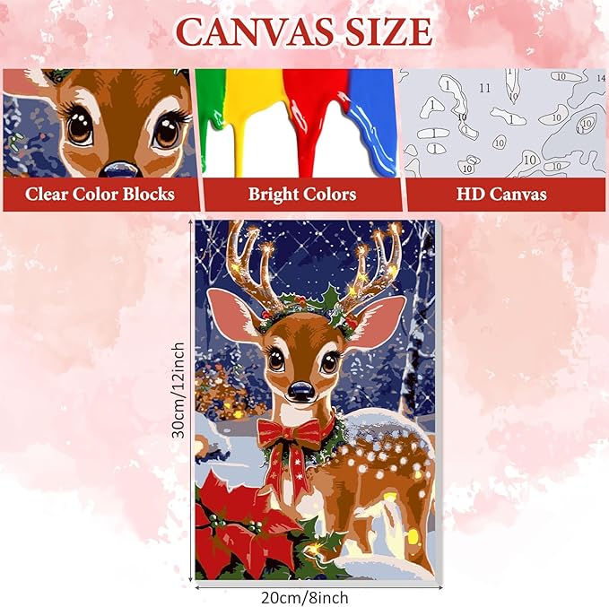 NAIMOER Christmas Deer Paint by Numbers Kits for Adults Beginner with Wooden Framed, Color by Numbers on Canvas Painting Kits for Adults, Easy Paint DIY Acrylic for Home Wall Decor 8X12 Inch