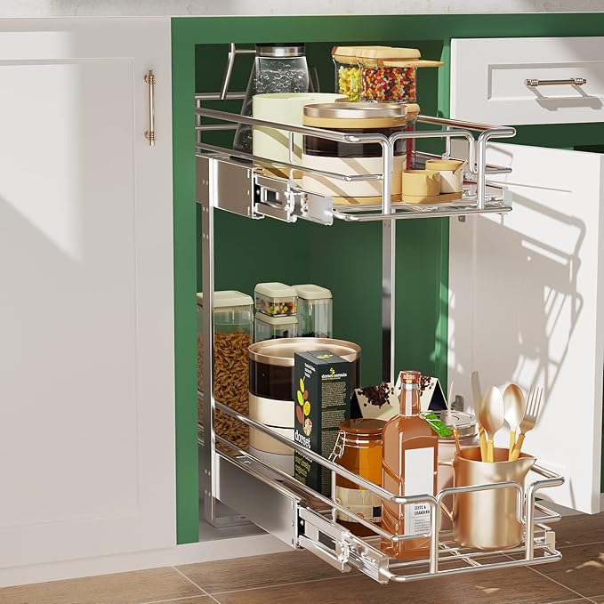 LOVMOR 2 Tier Individual Pull Out Cabinet Organizer 7.5" W x 21.5" D, Slide Out Kitchen Cabinet Storage Sliding Shelves