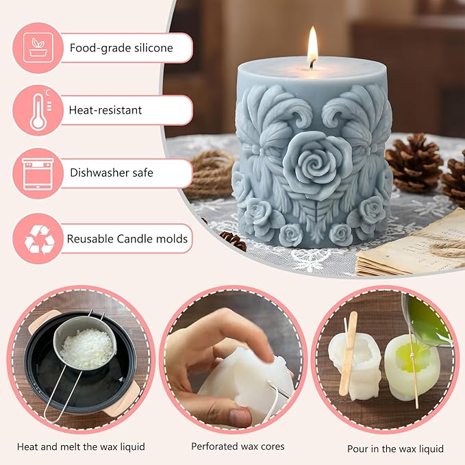 XIAOSHUI Rose Column Silicone Candle Mold Flower Cylinder Candle Molds for Candles Making Resin Casting Aromatherapy Candles Gypsum Craft Home Decorate