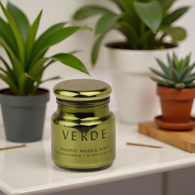 Paddywax Chroma Scented Candle with Lid in Reusable Metallic Etched Glass Jar, Clean- Burn Soy Candle with Approx. 14 Hour Burn Time, Green – Verde, Pacific Moss & Mist, 2.5 oz