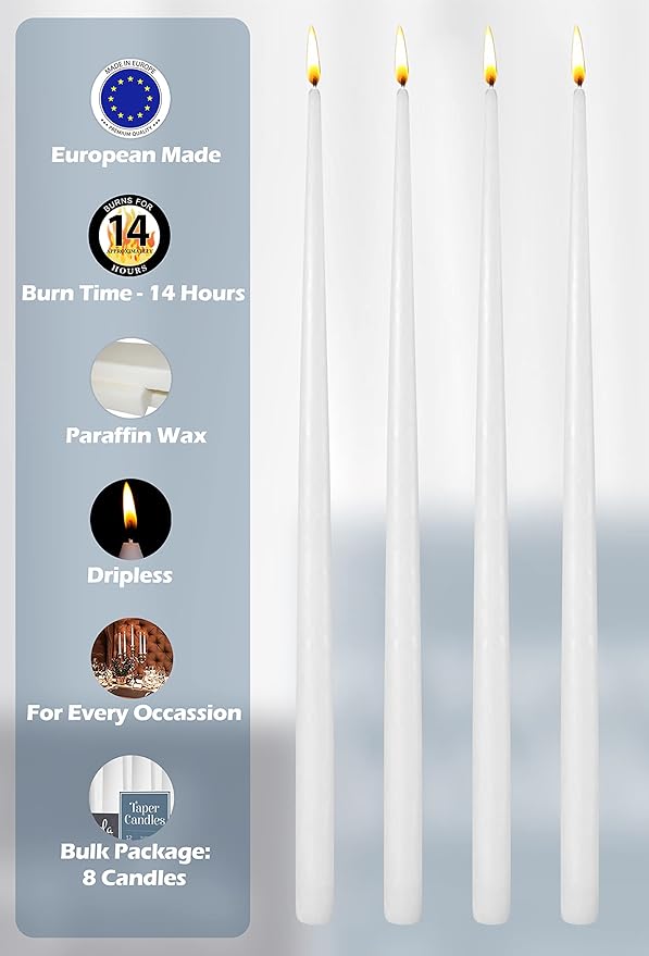 Hyoola Tall Taper Candles - 16 Inch White Unscented Dripless Taper Candles - 14 Hour Burn Time - 8 Pack