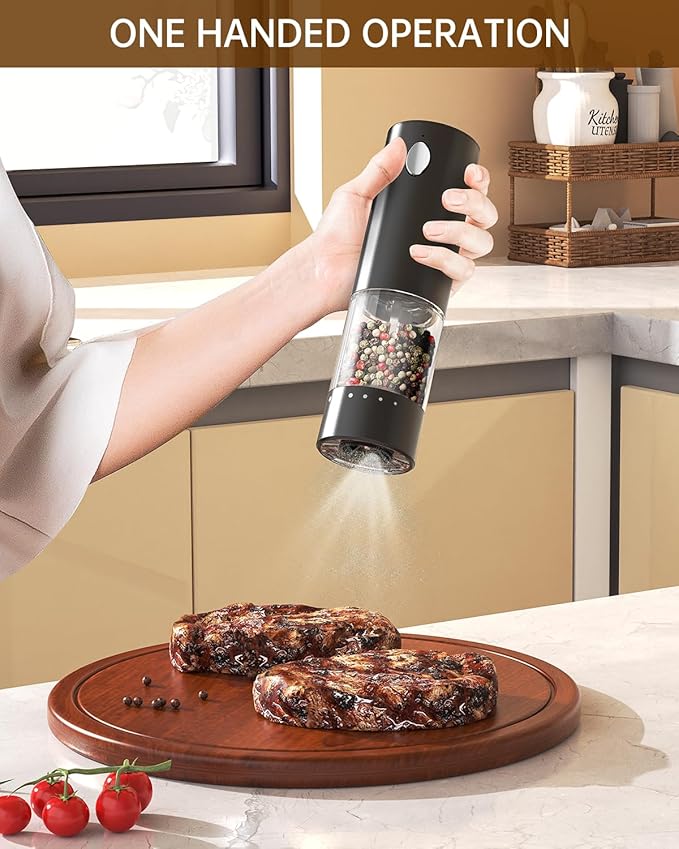 CIRCLE JOY Electric Salt and Pepper Grinder Set Rechargeable Salt and Pepper Mills with 6-Level External Adjustable Coarseness, White LED Light and Storage Base, Black & White