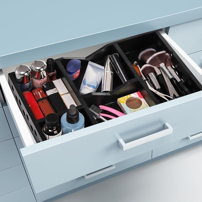 TOPZEA Wood Desk Drawer Organizer Tray, 6 Slot Junk Drawer Organizer with 2 Adjustable Divider Office Supplies Storage Organization for Desktop, Bathroom, Kitchen, Makeup, Vanity, Black