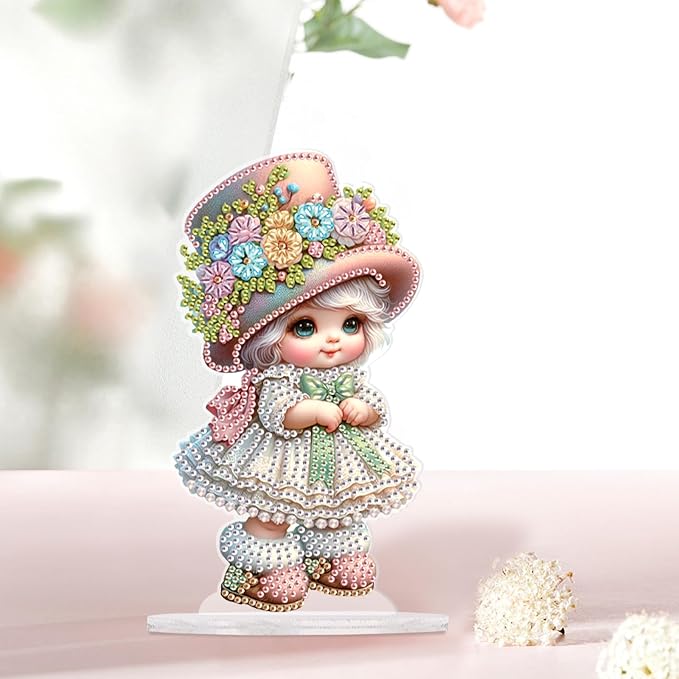 antor 5D Cute Diamond Art Painting Tabletop Ornament Kit, Acrylic DIY Diamond Art Desktop Ornaments Doll Figurine with Floral Hat, Special Shaped Crystal Diamond Painting Table Top Home Office Decor
