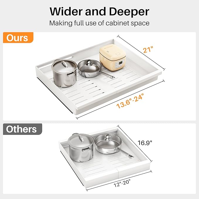 Pull out Cabinet Organizer, 1-Pack Expandable(13.6"-24") Silde out Drawers with Raising Pad for Framed Cabinets, Adjustable Full-Extension Adhesive Roll out Shelves for Kitchen Pantry Home Pot and Pan