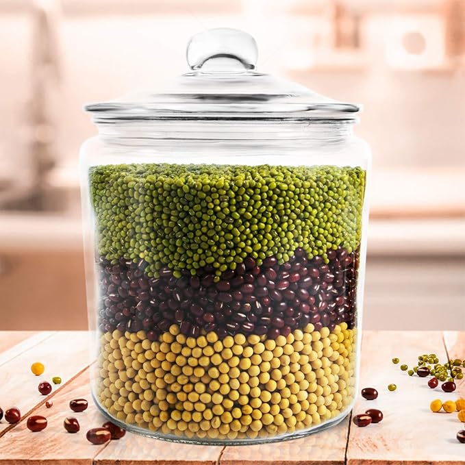 Airtight Glass Jar,Cookie Candy Penny Jar with Leak Proof Rubber Gasket Lid,1 Gallon Clear Round Big Household Multifunctional Storage Container with Silicone Reusable Food Bag for Cookies, Candies