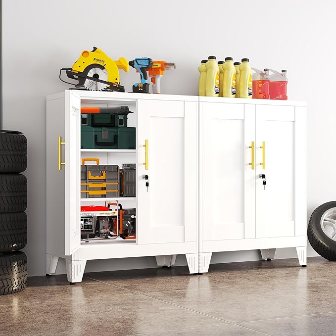 White Metal Storage Cabinet, 36" Tall Locking Storage Cabinet with 2 Adjustable Shelves, Steel Locker Organizer, for Office, Home, School, 2PS