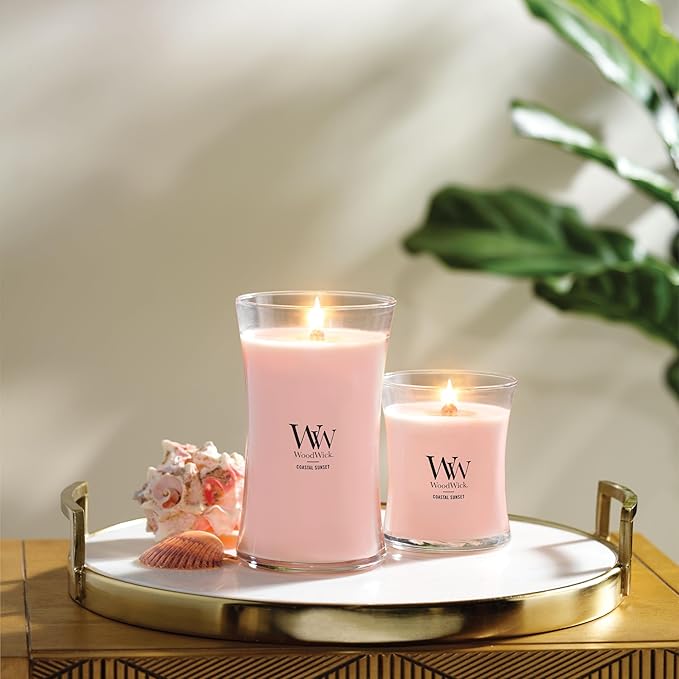 WoodWick Large Hourglass Candle Coastal Sunset Scent Crackles as it burns Premium Soy Blend Wax 21oz Perfect for gifting