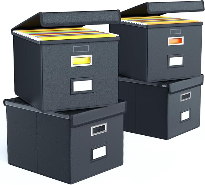 Huolewa Portable Leather File Organizer Boxes with Lids, Office Document Boxes Organizer, Filing Boxes, Decorative Small File Boxes for Hanging Files with Plastic Slide for Office/Decor/Home