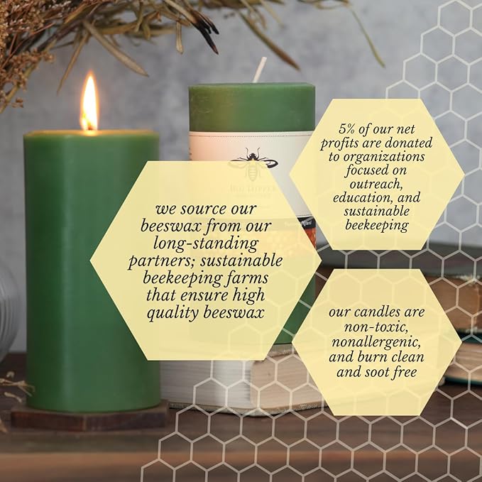 Big Dipper Wax Works Moss Green Pillar Candle, 90-Hour Long Burn, Pure Beeswax Candle, 3" x 6”