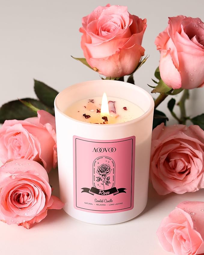 AOOVOO Rose Scented Candles for Women - Aromatherapy Candle with Crystals Inside, 7oz Soy Candles for Home Scented, Mothers Day Birthday Gifts Mothers Day Candle for Women Mom