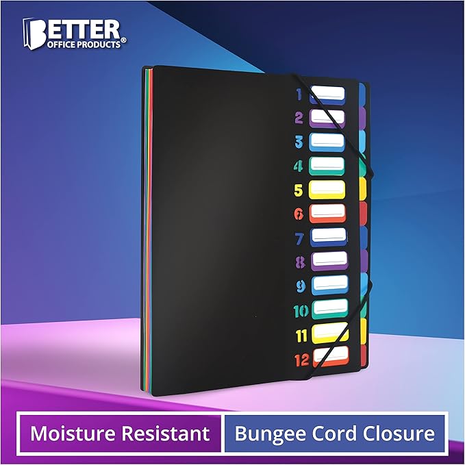 Better Office Products 24 Clear Pocket Expanding File Folder with 12 Colored Tabs, Letter Size, Holds 300 Sheets, Project File Organizer, Numbered Index on Cover,(1 Pack Black)