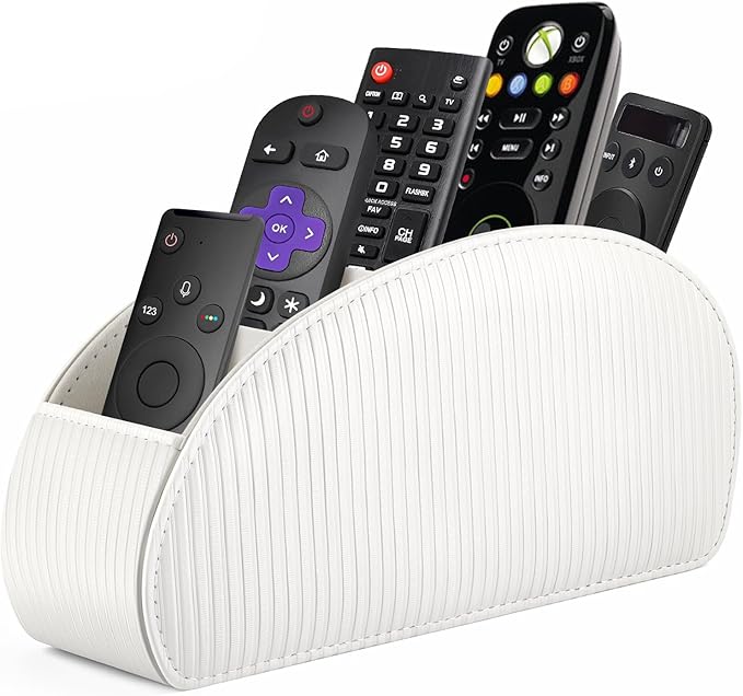 SITHON Remote Control Holder with 5 Compartments - PU Leather Remote Caddy Desktop Organizer Store TV, DVD, Blu-Ray, Media Player, Heater Controllers, Stripe Pearl White