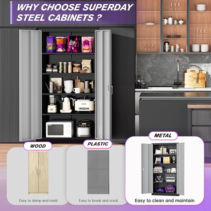 Superday Metal Storage Cabinets, 72" Storage Cabinet with Locking Door, Tall Garage Cabinet with 2 Doors and 4 Adjustable Shelves for Home Office, Classroom, Easy Assemble(Black Grey)