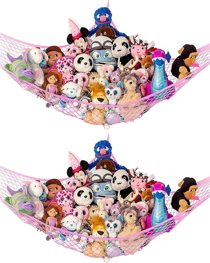 Lilly's Love Large Stuffed Animal Hammock | Corner Hanging Organizer, Toy Storage, Stuffed Animal Storage Net | Made from Quality Fishing Net, Holds 12lbs | 79"x63"x63" (Pink, 2 Pack)