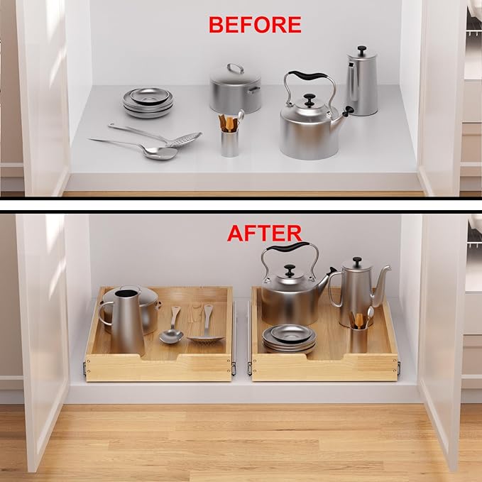 Sikarou Wood Pull Out Cabinet Organizer 23" W x 21" D, Heavy-Duty Sliding Drawers for Inside Cabinets Storage and Organization for Kitchen, Pantry, Bathroom