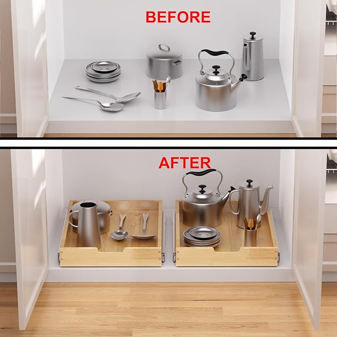 Sikarou Wood Pull Out Cabinet Organizer 26" W x 21" D, Heavy-Duty Sliding Drawers for Inside Cabinets Storage and Organization for Kitchen, Pantry, Bathroom