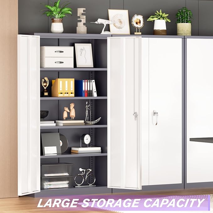 Superday Metal Storage Cabinets, 72" Storage Cabinet with Locking Door, Tall Garage Cabinet with 2 Doors and 4 Adjustable Shelves for Home Office, Classroom, Easy Assemble(White Grey)