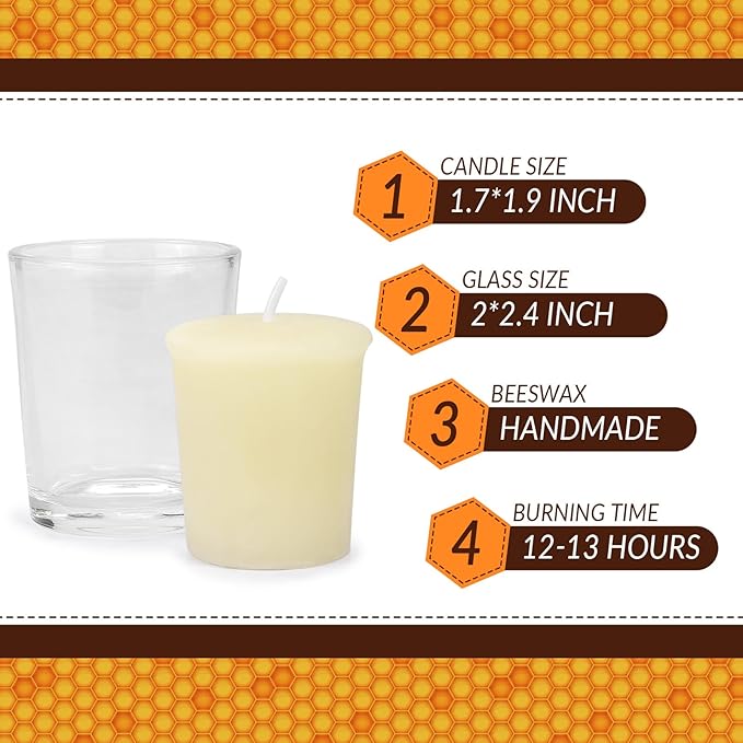 DEYBBY Ivory White Beeswax Votive Candles-6 Pack Natural Votives Set in Glass Jar for Home Room Decor Party Wedding Spa Gift,12 Hours Burn
