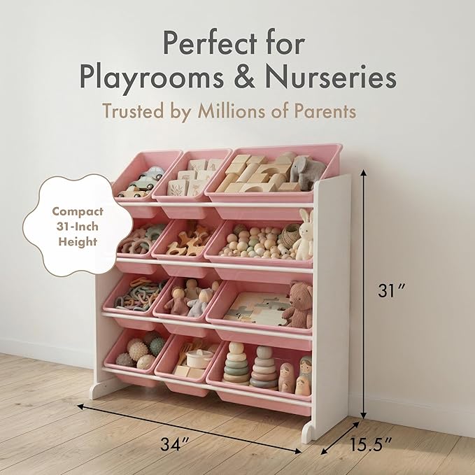 Humble Crew Kids Toy Storage Organizer with 12 Plastic Bins, White/Pink – Removable Bins for Playroom, Bedroom, Toddler Furniture for Boys and Girls Ages