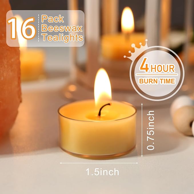 Pure Beeswax Tealight Candles-16 Pack - Handmade Natural Beeswax Tea Candles in Clear Cup | 4 Hour Extended Burn Time | Smokeless Beeswax Candles | for Home Deco, Fragrance, Relax
