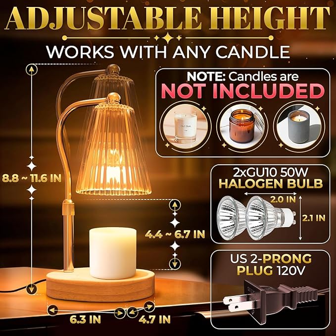 Candle Warming Lamp with Timer & Dimmer – Adjustable Height & Brightness Flameless Lamp Candle Warmer for Jar Candles – Mothers Day Gifts for Mom, Housewarming Gifts for Women & Stylish New Home Decor