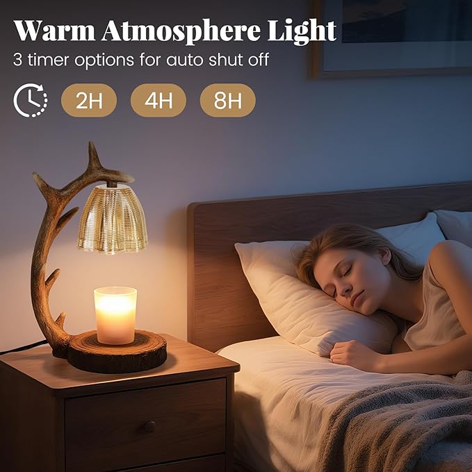 Candle Warmer Lamp | Rustic Candle Warmer Lamp with Timer and Dimming Function | Suitable for Retro Decoration and Creative Gifts Features A Resin Reindeer Antler Design and Comes with 2 Light Bulbs