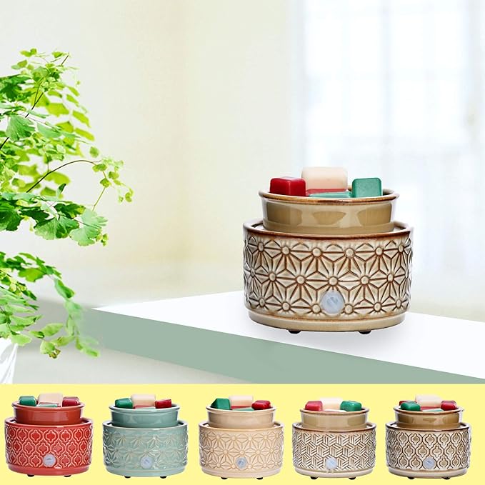 ASAWASA Ceramic Wax Melt Warmer - 3 in 1 Electric Wax Candle Burner Melter for Home Decor Gift (Brown Hexagon Pattern)