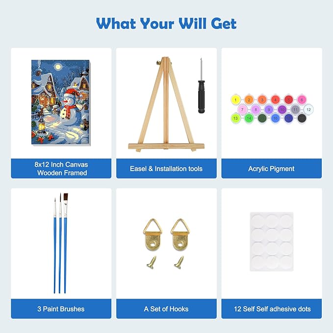 MOGTAA Christmas Paint by Numbers Kit for Adults Beginners with Frame, Snowman Adult Paint by Number Kits on Canvas with Easel, Easy DIY Landscape Oil Painting Kits for Home Decor, 8x12in
