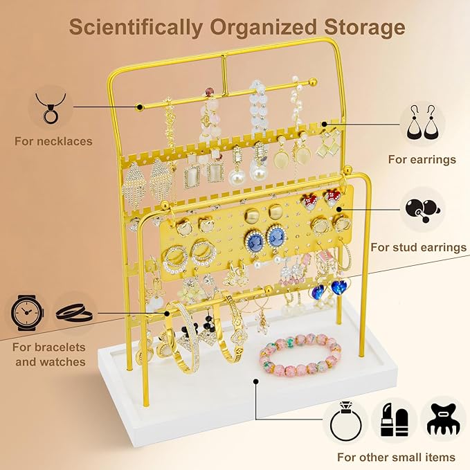 Jewelry Organizer Stand Metal Jewelry Display Rack with Wooden Tray Necklace Stand Partitioned Storage for Rings, Earrings and Bracelets Jewelry Rack(Gold)