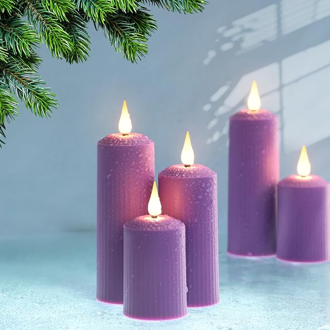 yunsheng Rechargeable Flameless Candles with Remote Timer, in/Outdoor Waterproof LED Flickering Pillar Candles Set of 6 (D2 x H4/5.5/6.5"), Battery Operated Purple Plastic Roman Column Candles