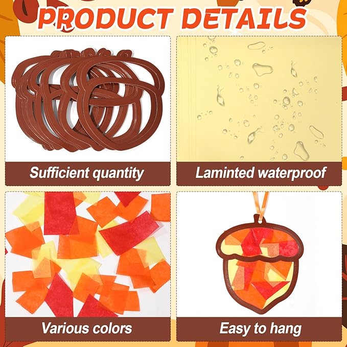Qyeahkj 36 Set Fall Acorn Suncatchers Crafts for DIY Autumn Window Tissue Paper Craft Kit Hanging Decor for Thinkgiving Home Activity Art Project Birthday Party Favor Gift