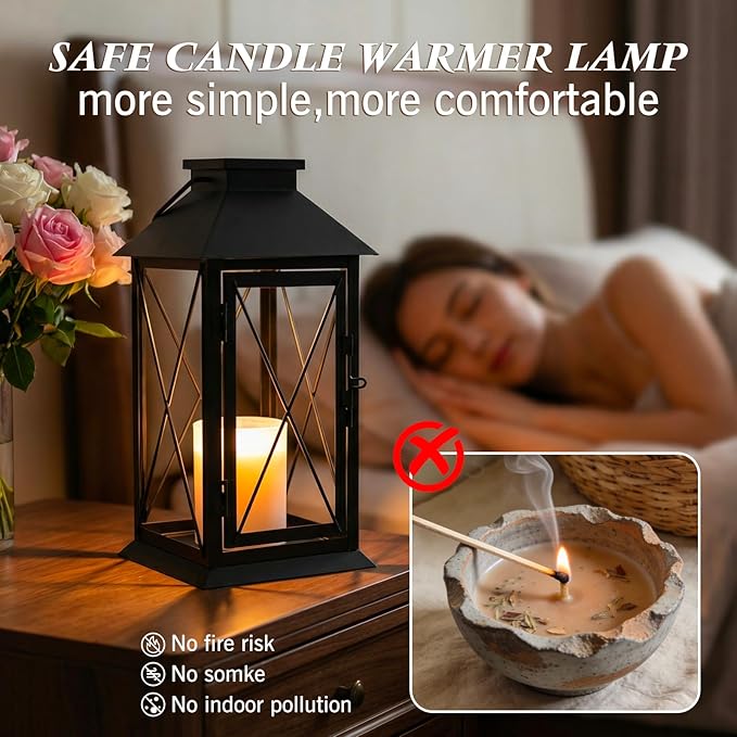 Candle Warmer Lamp Morden Farmhouse Lantern, Vintage Candle Lamp Warmer for Jar Candles, House Warming Gifts New Home Décor Black Large Lantern