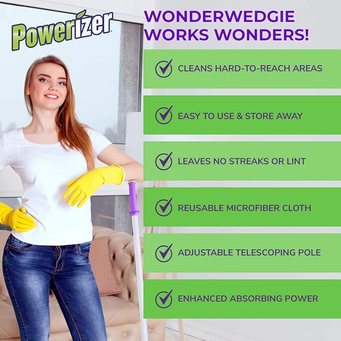 Powerizer: WonderWedgie Microfiber Mop Cleaning System - Mop for Floor Cleaning and More - Includes Raised Wedge Mop Head, 3 Microfiber Cleaning Cloths, Telescoping Pole, and Wall Mount Organizer