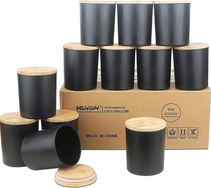 MILIVIXAY 12Pack 12 OZ Matte Black Thick Glass Candle Jars with Lids - Bulk Empty Candle Jar for Making Candles - Spice, Powder Containers.