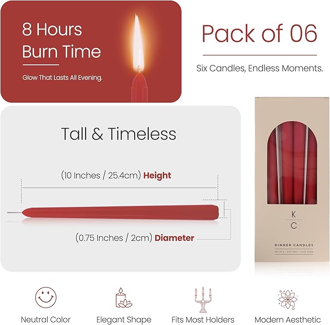 Tapered Dinner Candles - Soy & Paraffin Blend, Dinner Candles with Long-Lasting 7-Hour Burn for Stylish Homes - Candle in Curated Colors Ideal Gift for Hosts, Brides & Event Planners-Red
