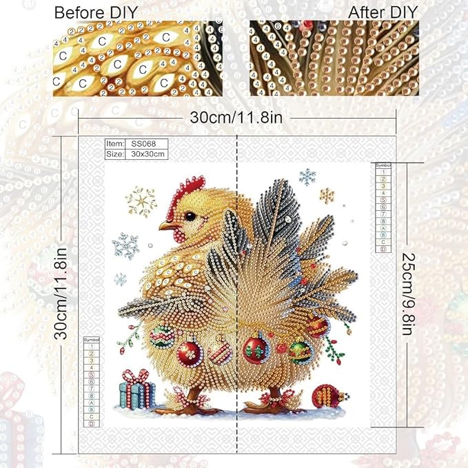 antor Christmas Diamond Painting Kit, 5D Special Shape Diamond Art for Adults, Decorated Rooster in Snow Crystal Rhinestones Diamond Painting Canvas, Holiday Christmas Home Wall Decor Crafts Gift