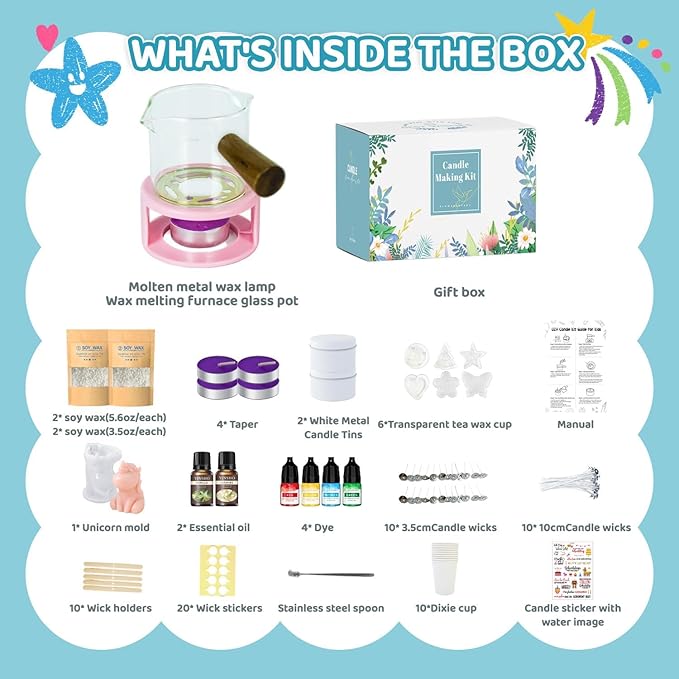 Susanou Kids Candle Making Kit - DIY Soy Candle Making Complete Kit with Wax Warmer, Soy Wax, Scents, Dyes & Unicorn Molds, Fun Arts Crafts Supplies for Girls and Boys, Creative Birthday Holiday Gift